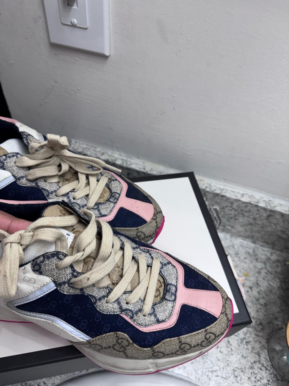 Gucci Beige, Navy & Pink Chunky GG Runner Sneakers - Picture 3 of 3